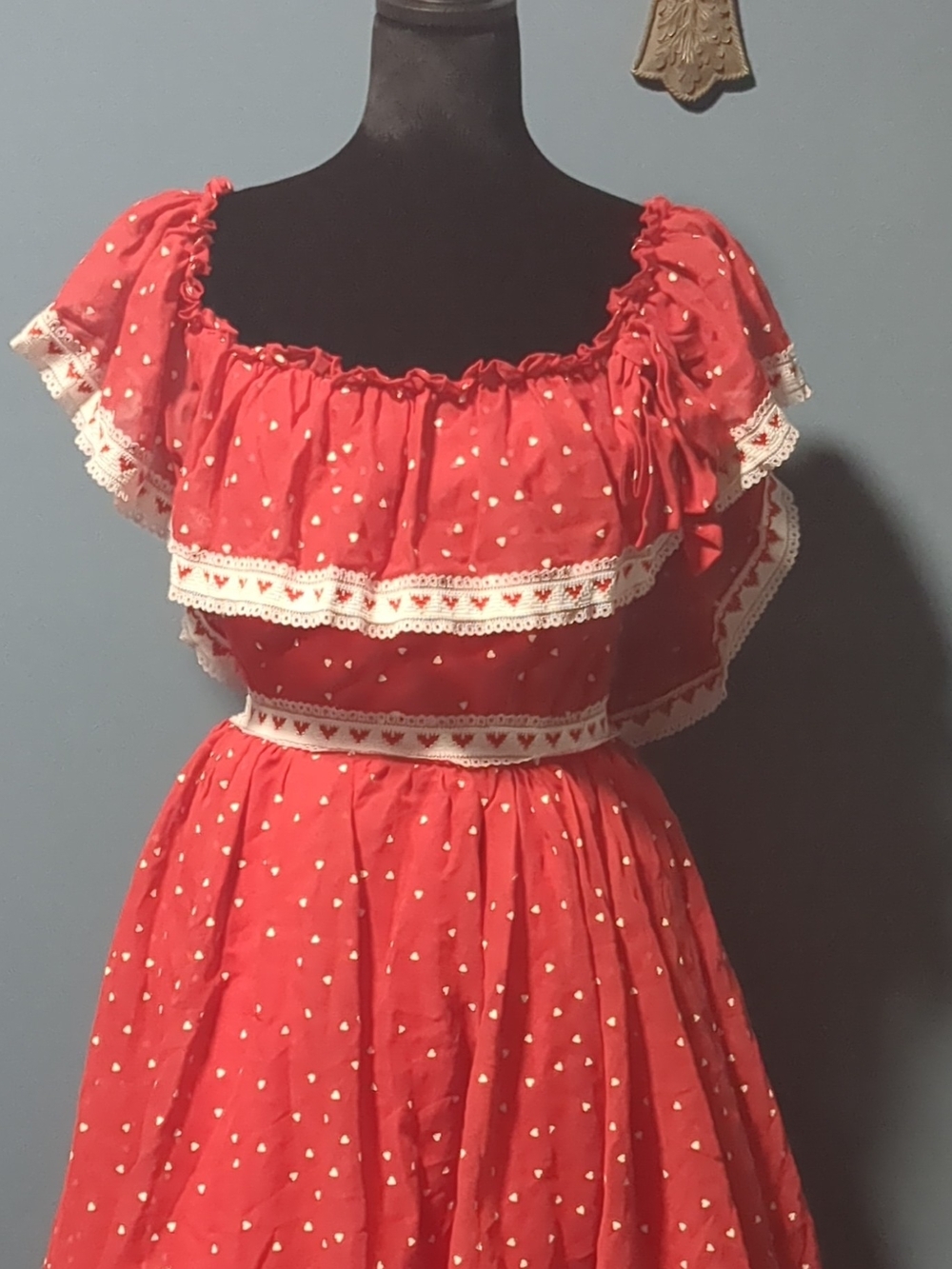 Vintage 1970s Alfred Angela Red Heart-Print Ruffle Dress with Lace Trim